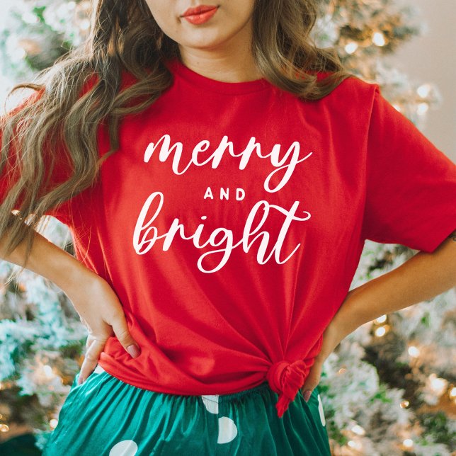 Stylish Red Merry and Bright Script Christmas T-Shirt (Creator Uploaded)