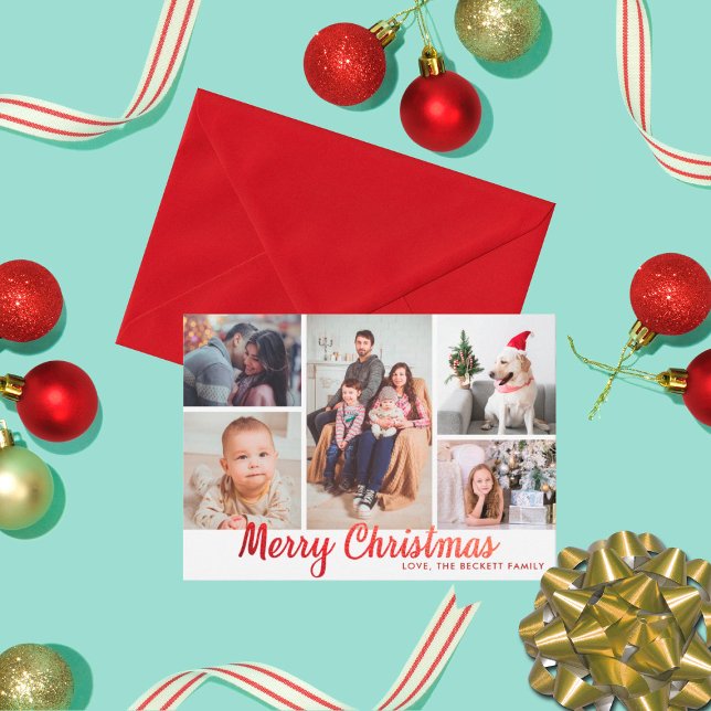 Stylish Red Merry Christmas 5 Photo Collage Holiday Card (Creator Uploaded)
