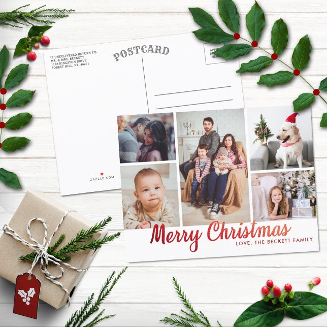 Stylish Red Merry Christmas 5 Photo Collage Holiday Postcard (Creator Uploaded)