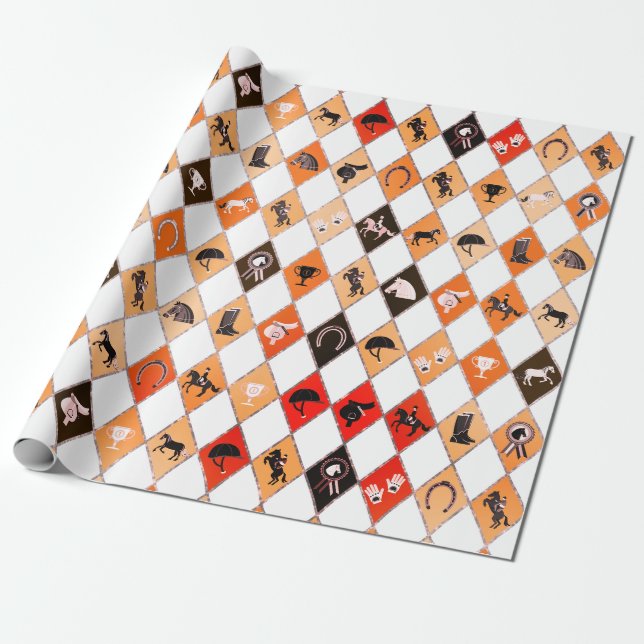 Stylish Red Orange Equestrian Diamond Pattern Wrapping Paper (Unrolled)