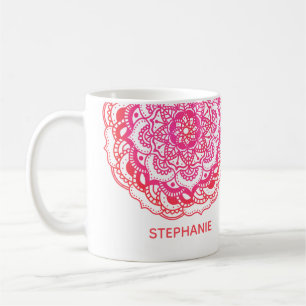Stylish Red Pink Custom Name Boho Mandala Coffee Mug