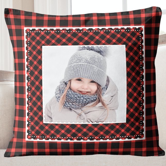 Stylish Red Plaid Kids Photo Holiday Christmas Cushion (Modern Rustic Buffalo Plaid Kids Photo Holiday Pillow)