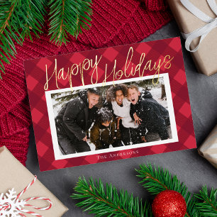 Stylish Red Plaid Photo Foil Holiday Card