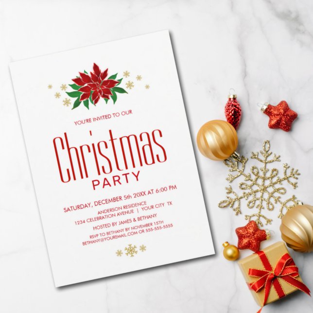 Stylish Red Poinsettia Christmas Party Invitation (Creator Uploaded)