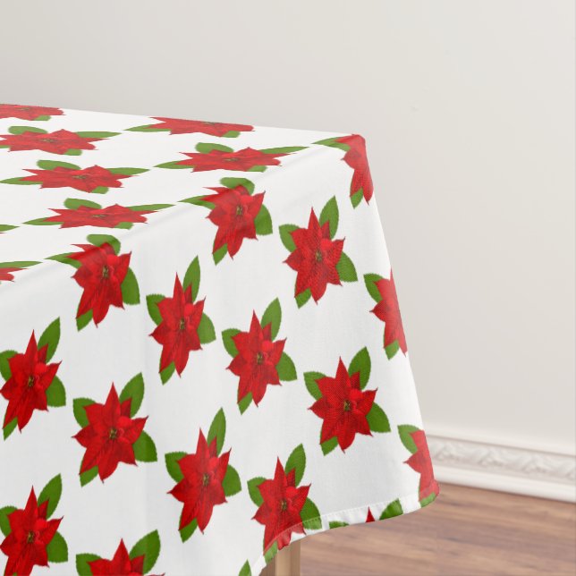 Stylish Red Poinsettia Flowers on White Tablecloth (In Situ)