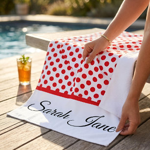 Stylish Red Polka dots on white personalised Beach Towel