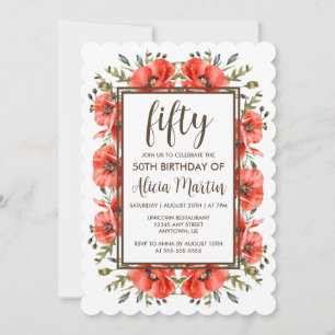 Stylish Red Poppy Flora 50th Birthday Invitation