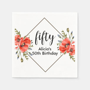 Stylish Red Poppy Flora 50th Birthday Napkin