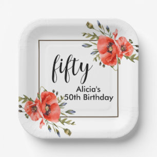 Stylish Red Poppy Flora 50th Birthday Paper Plate