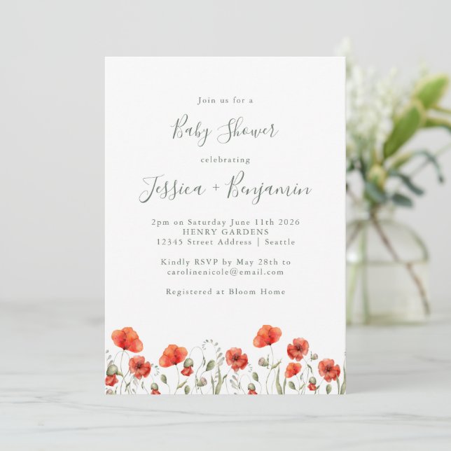 Stylish Red Poppy Garden Floral Baby Shower   Invitation (Standing Front)