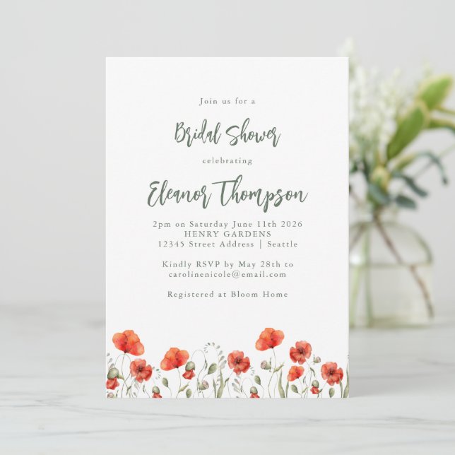 Stylish Red Poppy Garden Floral Bridal Shower  Invitation (Standing Front)