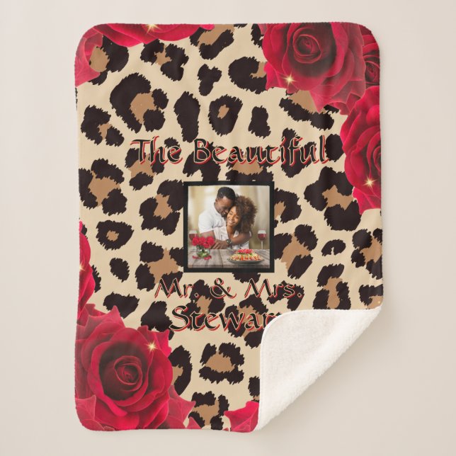 Stylish Red Rose Leopard Print With Photo Small Sherpa Blanket (Front)