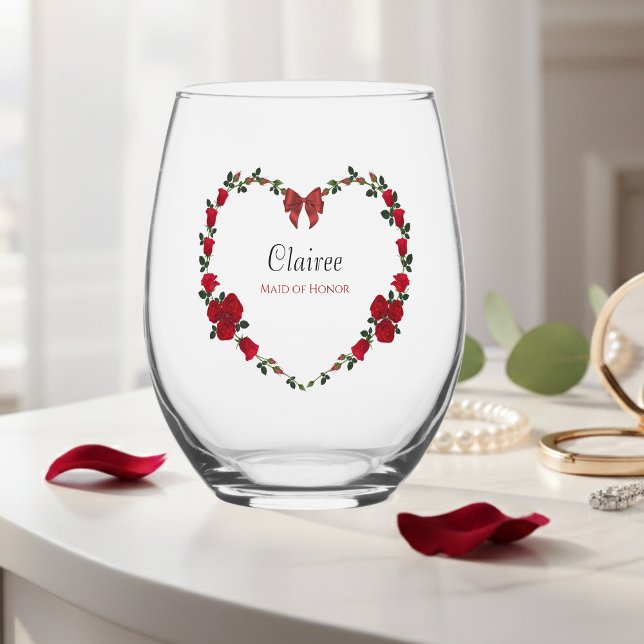 Stylish Red Rose Maid of Honor Gift Drinkware Set Stemless Wine Glass (Chic floral heart wine glass, a beautiful way to honor your Maid of Honor.)