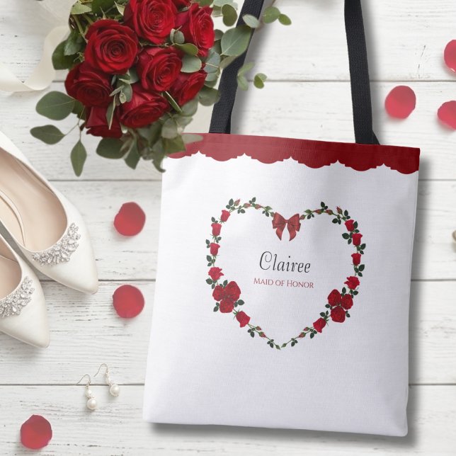 Stylish Red Rose Maid of Honour Gift Tote Bag (Honor your right-hand woman with this elegant red rose heart gift tote.)