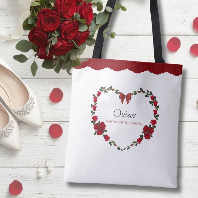 Stylish Red Roses Mother of Groom Gift Tote Bag (Welcome the Mother of the Groom with this timeless red rose heart memento.)