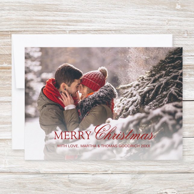 Stylish Red Script Merry Christmas Gradient Photo Holiday Card (Simple, classy christmas photo card "Happy Holidays" with elegant red script typography.)