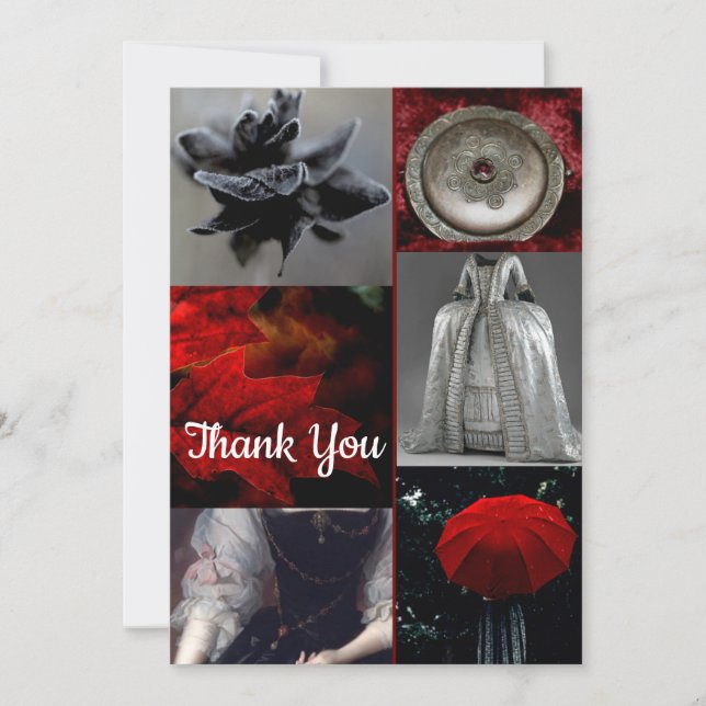 Stylish Red Silver Black Collage Thank You Card (Front)