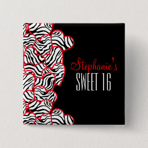 Stylish Red Sweet 16 Zebra Heart Design Name  15 Cm Square Badge