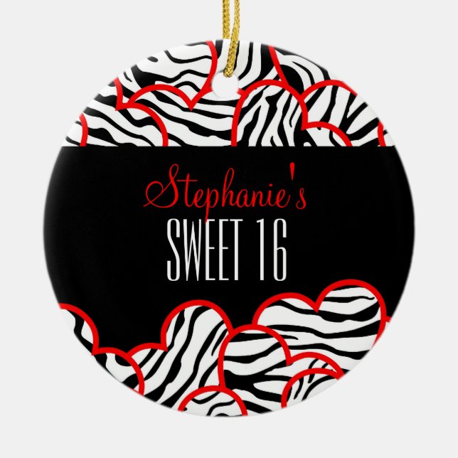 Stylish Red Sweet 16 Zebra Heart Design Name  Ceramic Tree Decoration (Front)