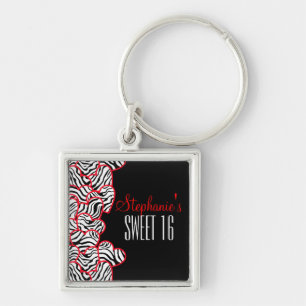 Stylish Red Sweet 16 Zebra Heart Design Name  Key Ring