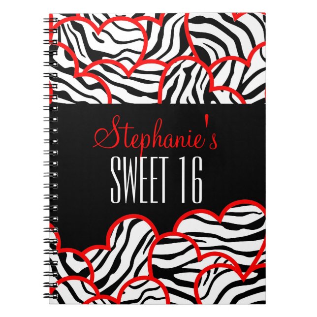 Stylish Red Sweet 16 Zebra Heart Design Name  Notebook (Front)