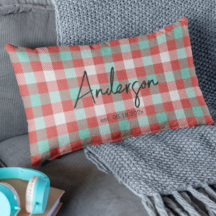 Stylish Red & Teal Bright Modern Holiday Plaid Lumbar Cushion