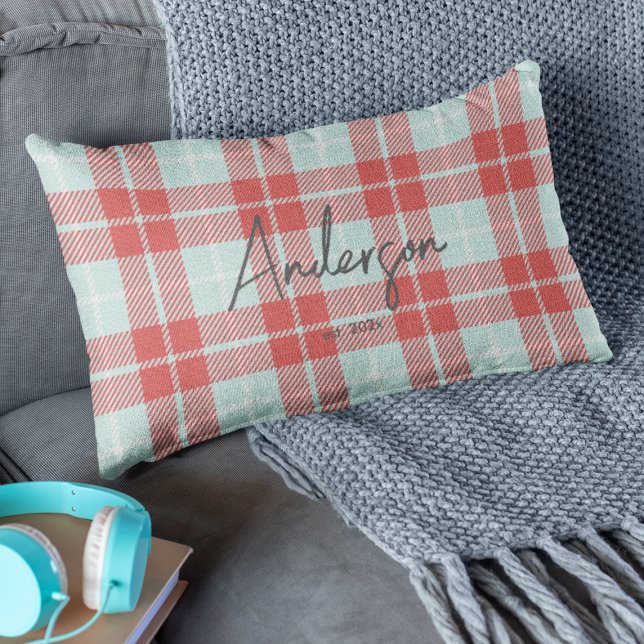 Stylish Red & Teal Bright Modern Holiday Plaid Lumbar Cushion (Creator Uploaded)