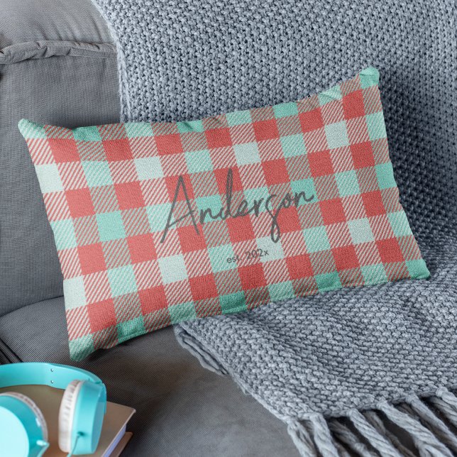 Stylish Red & Teal Bright Modern Holiday Plaid Lumbar Cushion (Creator Uploaded)