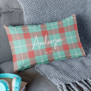 Stylish Red & Teal Bright Modern Holiday Plaid Lumbar Cushion