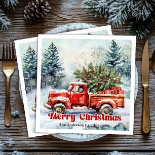 Stylish red truck winter scene rustic napkins set