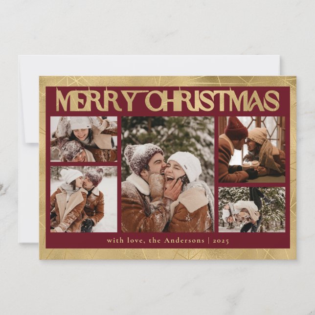 Stylish Red Typography Photo Collage Christmas Holiday Card (Front)