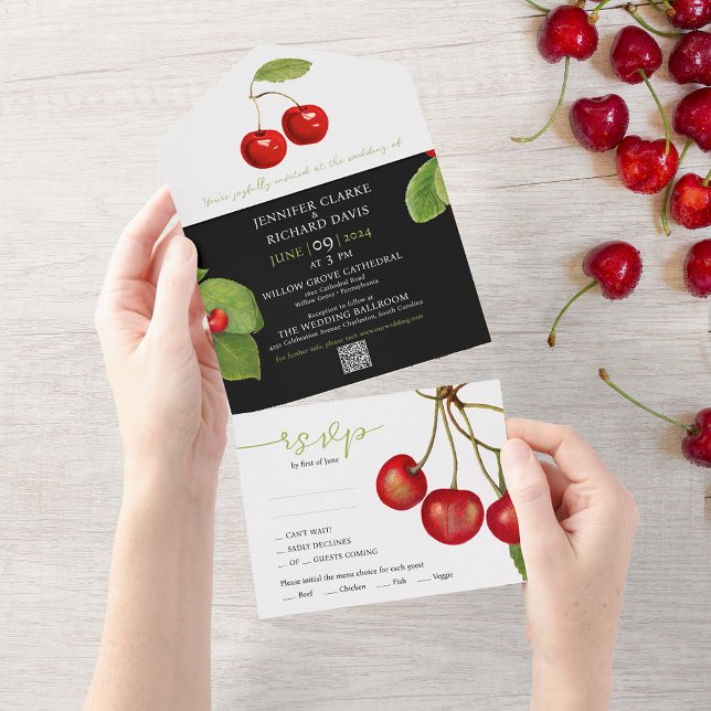 Stylish Red White Black Cherry Fruits QR Wedding All In One Invitation (Creator Uploaded)