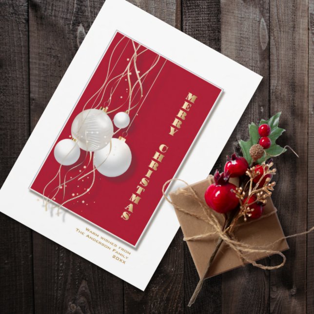 Stylish Red White Christmas Baubles Holiday Card (Creator Uploaded)