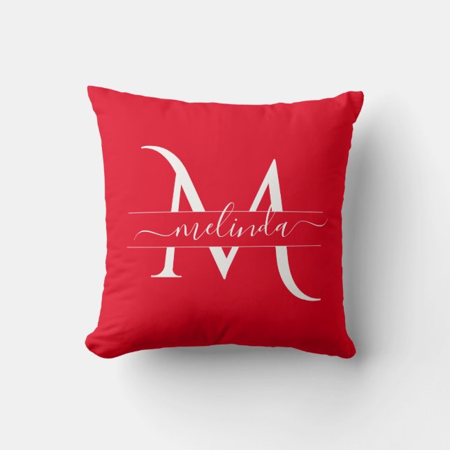 Stylish Red White Monogram Initial Name Custom Cushion (Front)