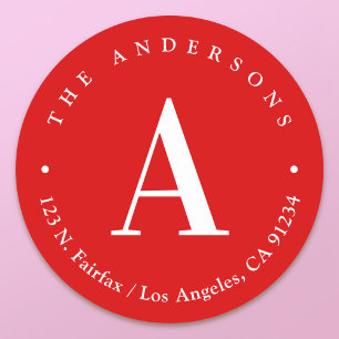 Stylish Red & White Monogram Return Address Classic Round Sticker