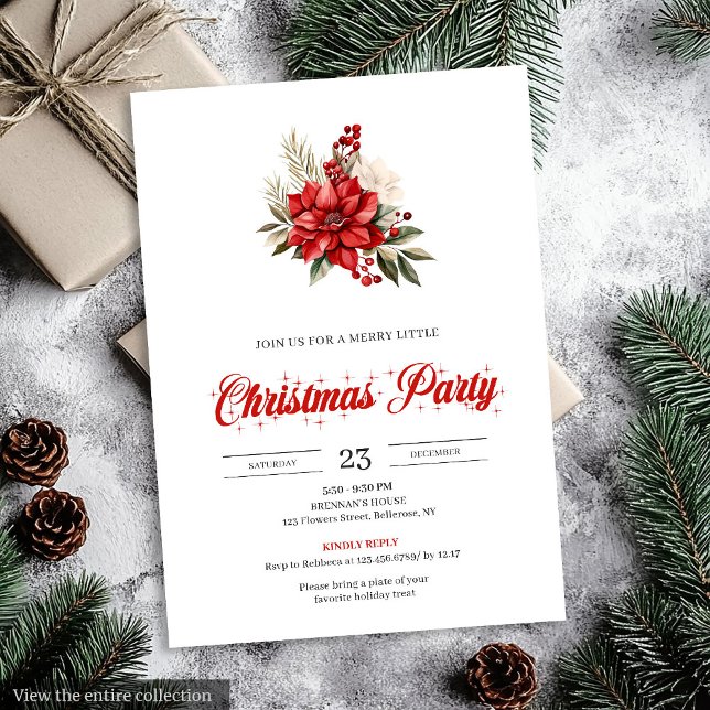 Stylish Red White Poinsettia Floral Christmas  Invitation (Stylish Red White Poinsettia Floral christmas invitation

)