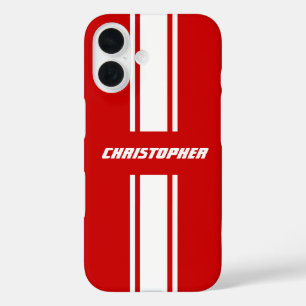 Stylish Red White Racing Stripes Monogrammed Boys iPhone 16 Case