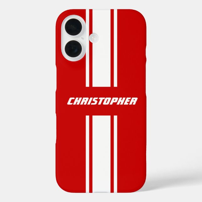 Stylish Red White Racing Stripes Monogrammed Boys Case-Mate iPhone Case (Back)