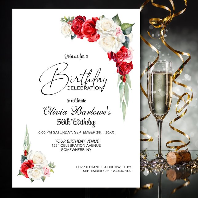 Stylish Red White Rose Floral Birthday Party Invitation (Creator Uploaded)
