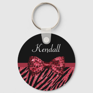 Stylish Red Zebra Print FAUX Glitz Bow With Name Key Ring