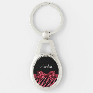 Stylish Red Zebra Print FAUX Glitz Bow With Name Key Ring