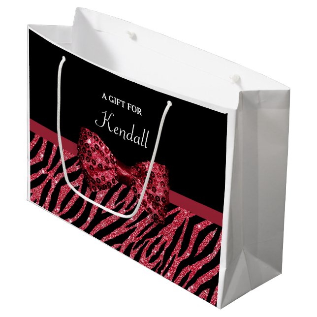 Stylish Red Zebra Print FAUX Glitz Bow With Name Large Gift Bag (Front Angled)