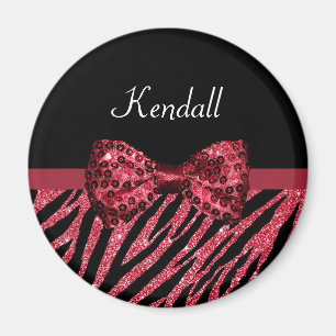 Stylish Red Zebra Print FAUX Glitz Bow With Name Magnet