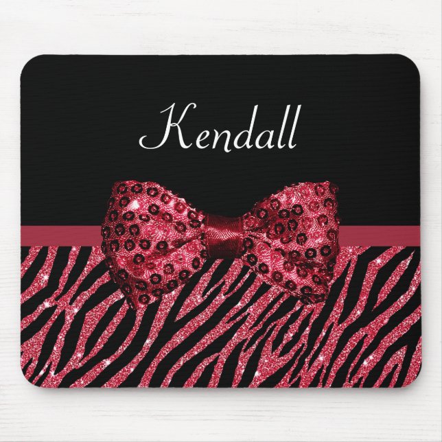 Stylish Red Zebra Print FAUX Glitz Bow With Name Mouse Mat (Front)