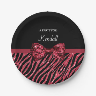 Stylish Red Zebra Print FAUX Glitz Bow With Name Paper Plate