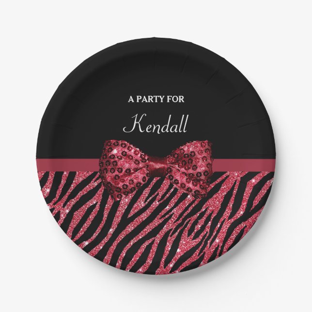 Stylish Red Zebra Print FAUX Glitz Bow With Name Paper Plate (Front)