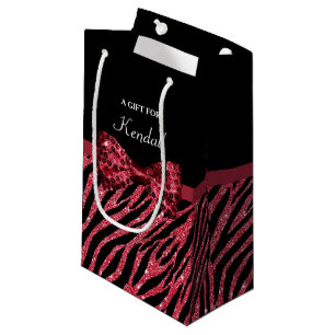 Stylish Red Zebra Print FAUX Glitz Bow With Name Small Gift Bag