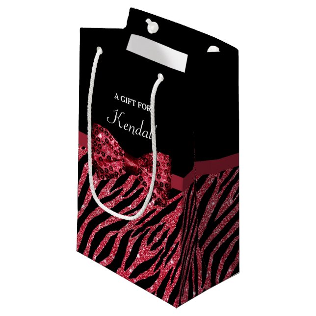 Stylish Red Zebra Print FAUX Glitz Bow With Name Small Gift Bag (Front Angled)