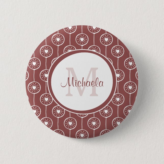 Stylish Reddish Brown Hearts Monogram With Name 6 Cm Round Badge (Front)