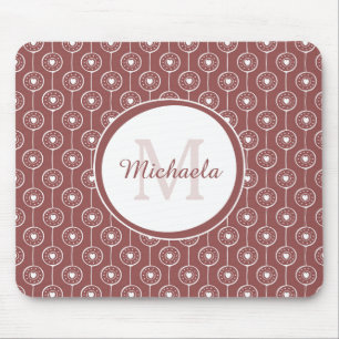 Stylish Reddish Brown Hearts Monogram With Name Mouse Mat
